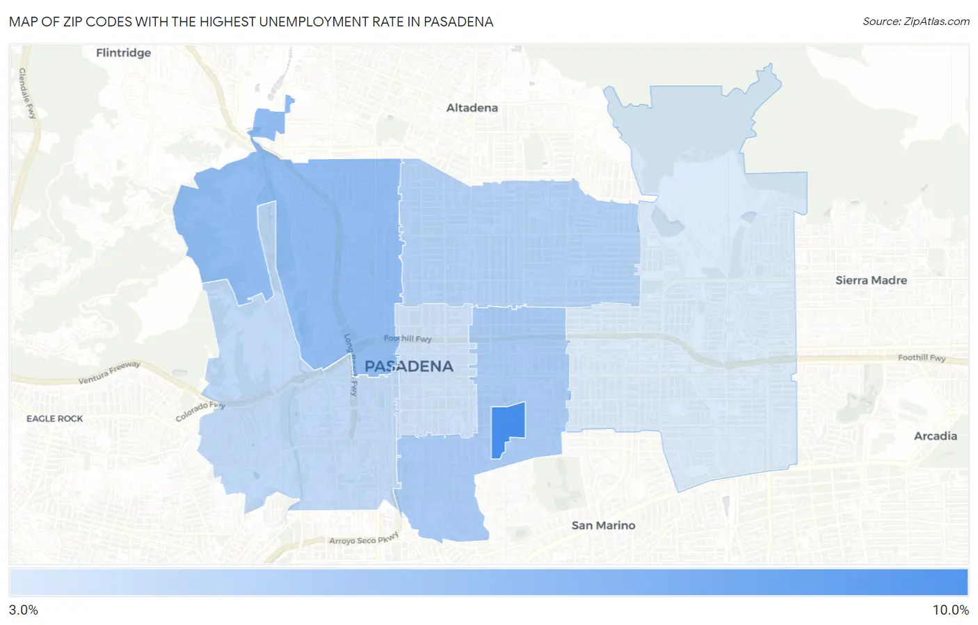 Zip Codes with the Highest Unemployment Rate in Pasadena Map