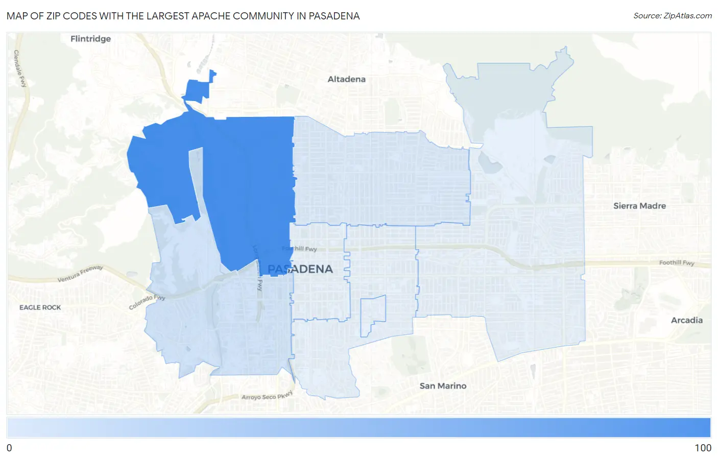 Zip Codes with the Largest Apache Community in Pasadena Map