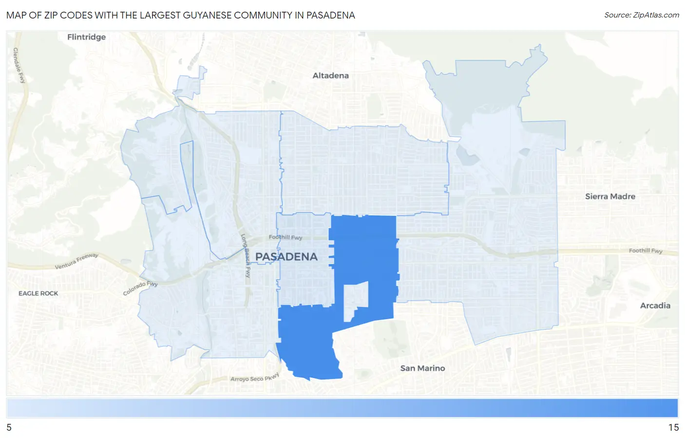 Zip Codes with the Largest Guyanese Community in Pasadena Map