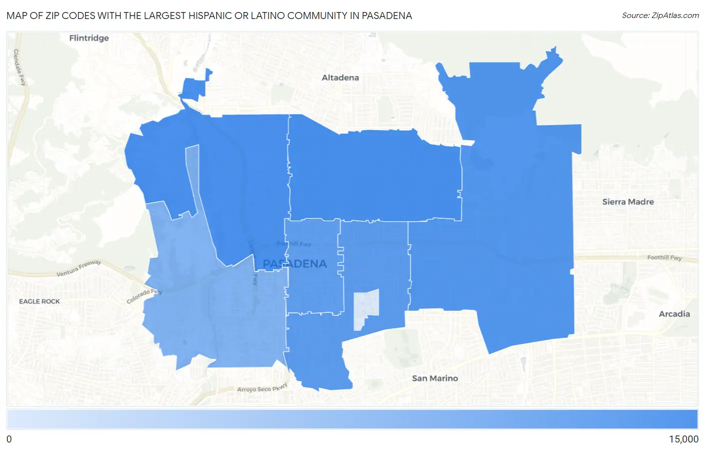 Zip Codes with the Largest Hispanic or Latino Community in Pasadena Map