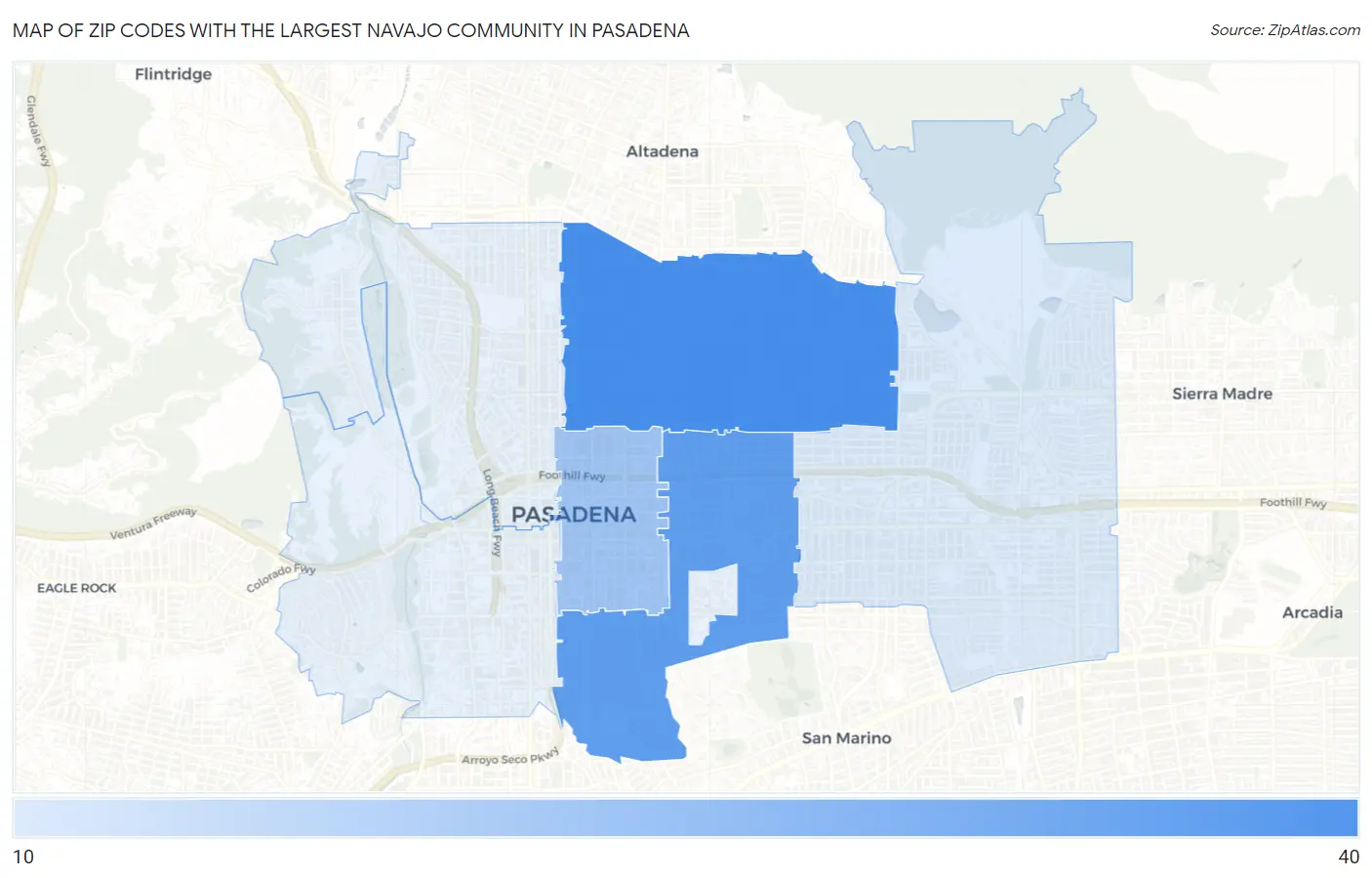 Zip Codes with the Largest Navajo Community in Pasadena Map