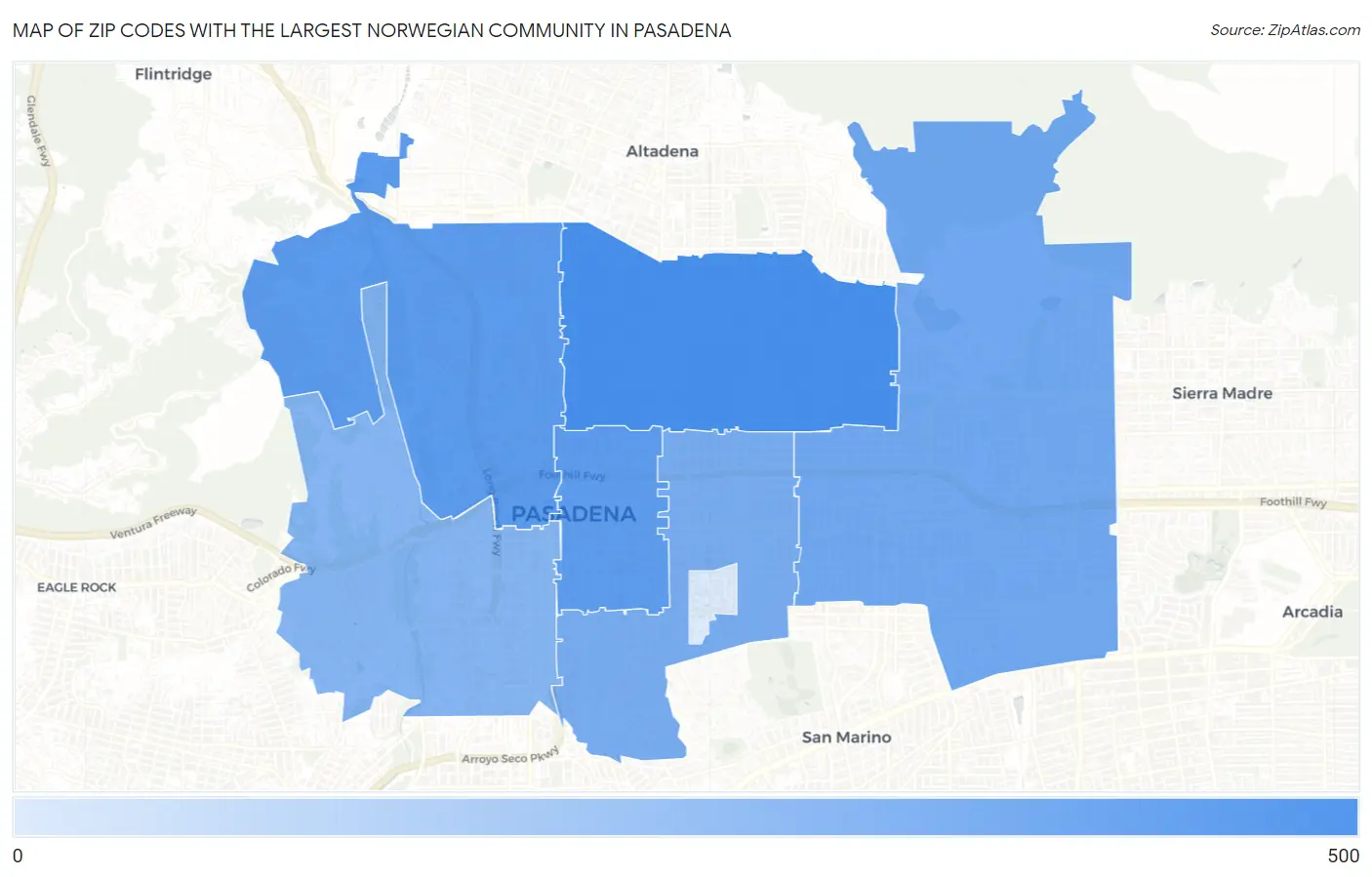 Zip Codes with the Largest Norwegian Community in Pasadena Map