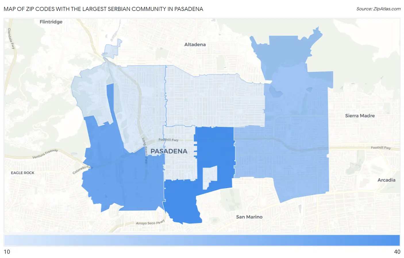 Zip Codes with the Largest Serbian Community in Pasadena Map