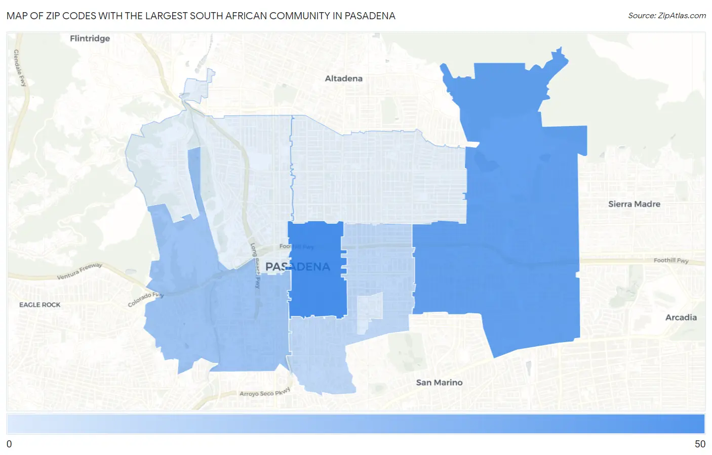 Zip Codes with the Largest South African Community in Pasadena Map