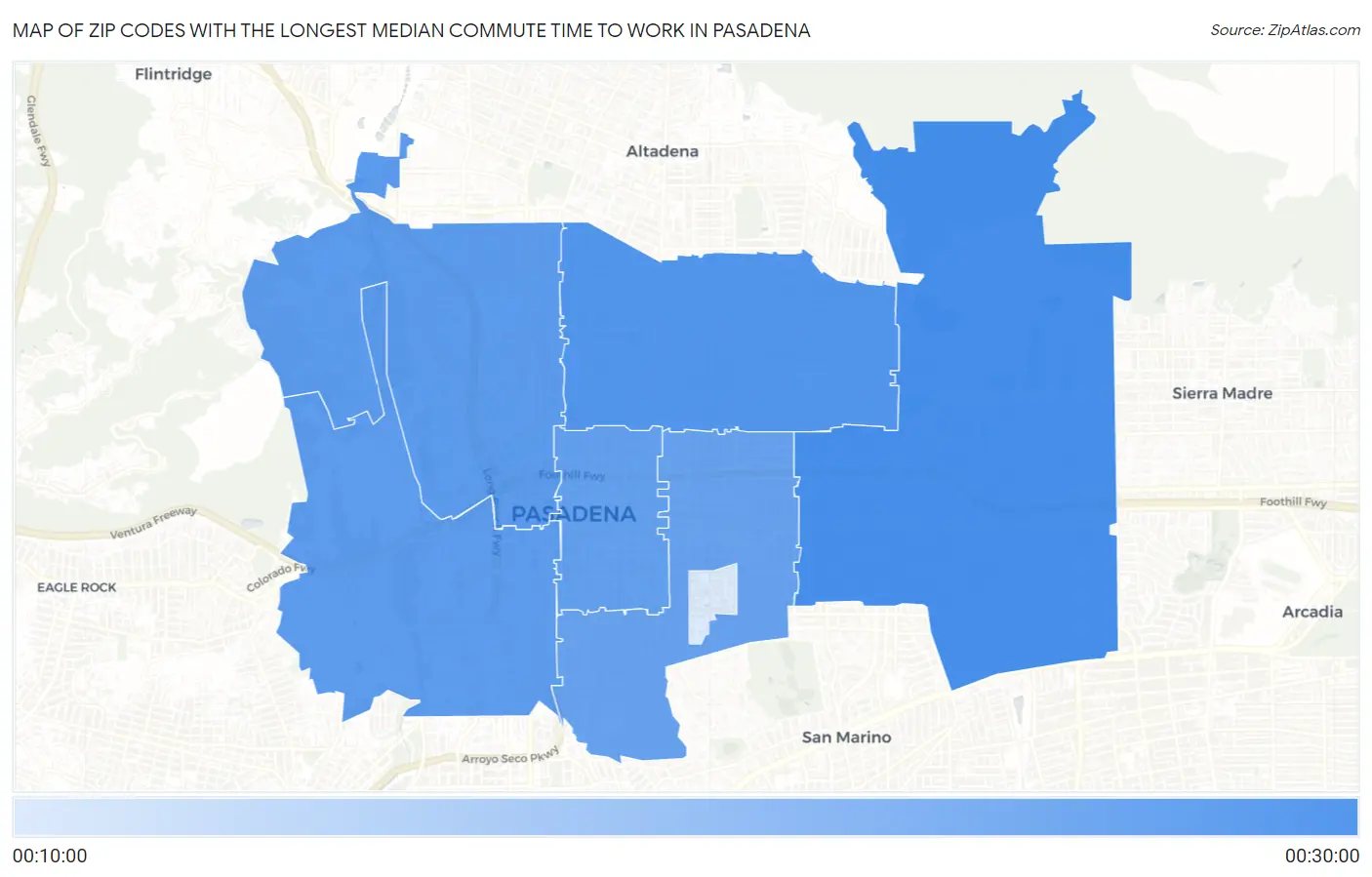 Zip Codes with the Longest Median Commute Time to Work in Pasadena Map