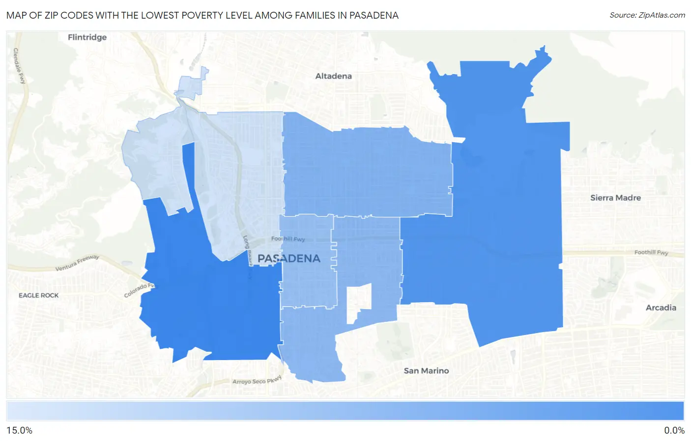 Zip Codes with the Lowest Poverty Level Among Families in Pasadena Map