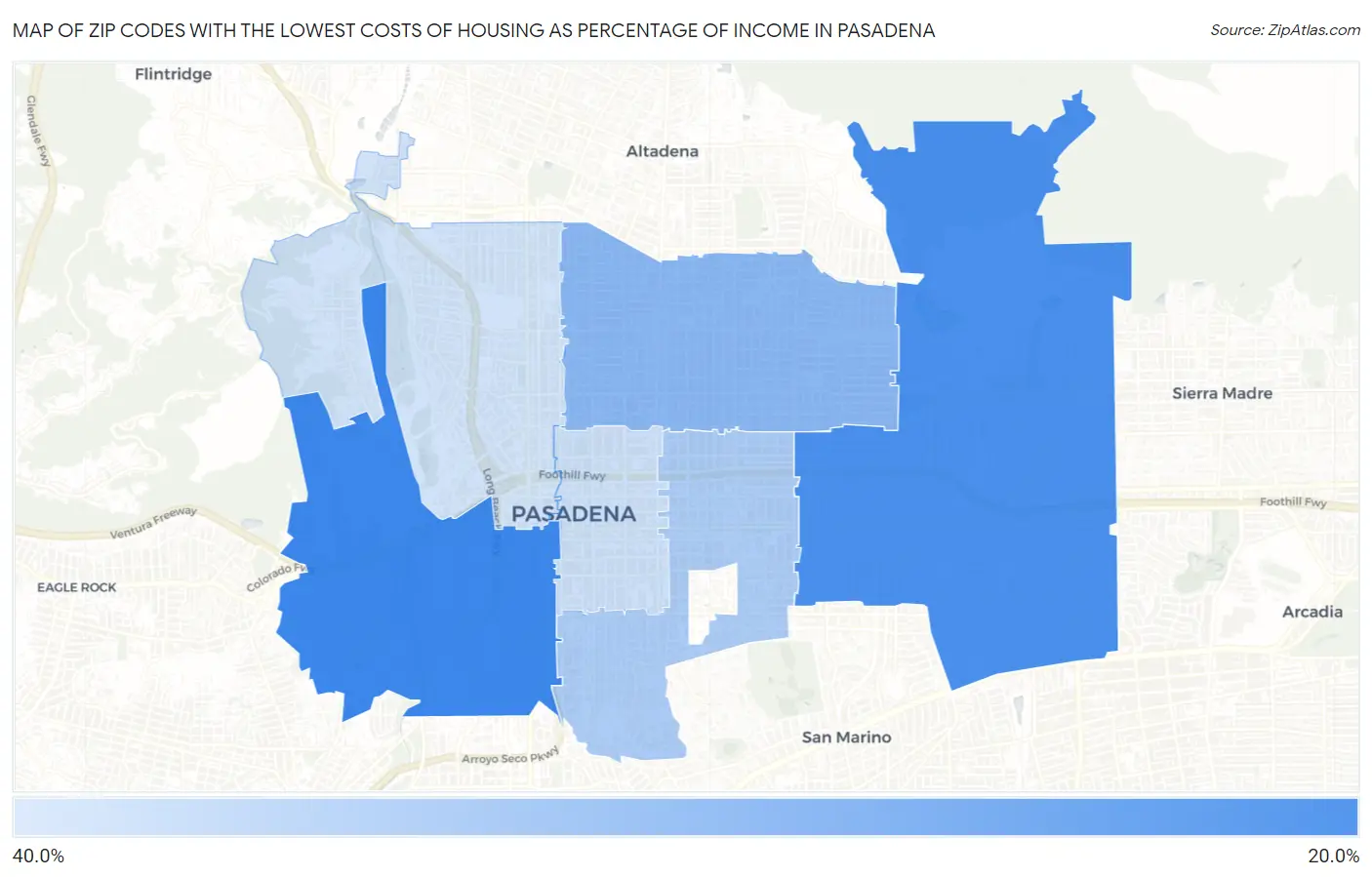 Zip Codes with the Lowest Costs of Housing as Percentage of Income in Pasadena Map