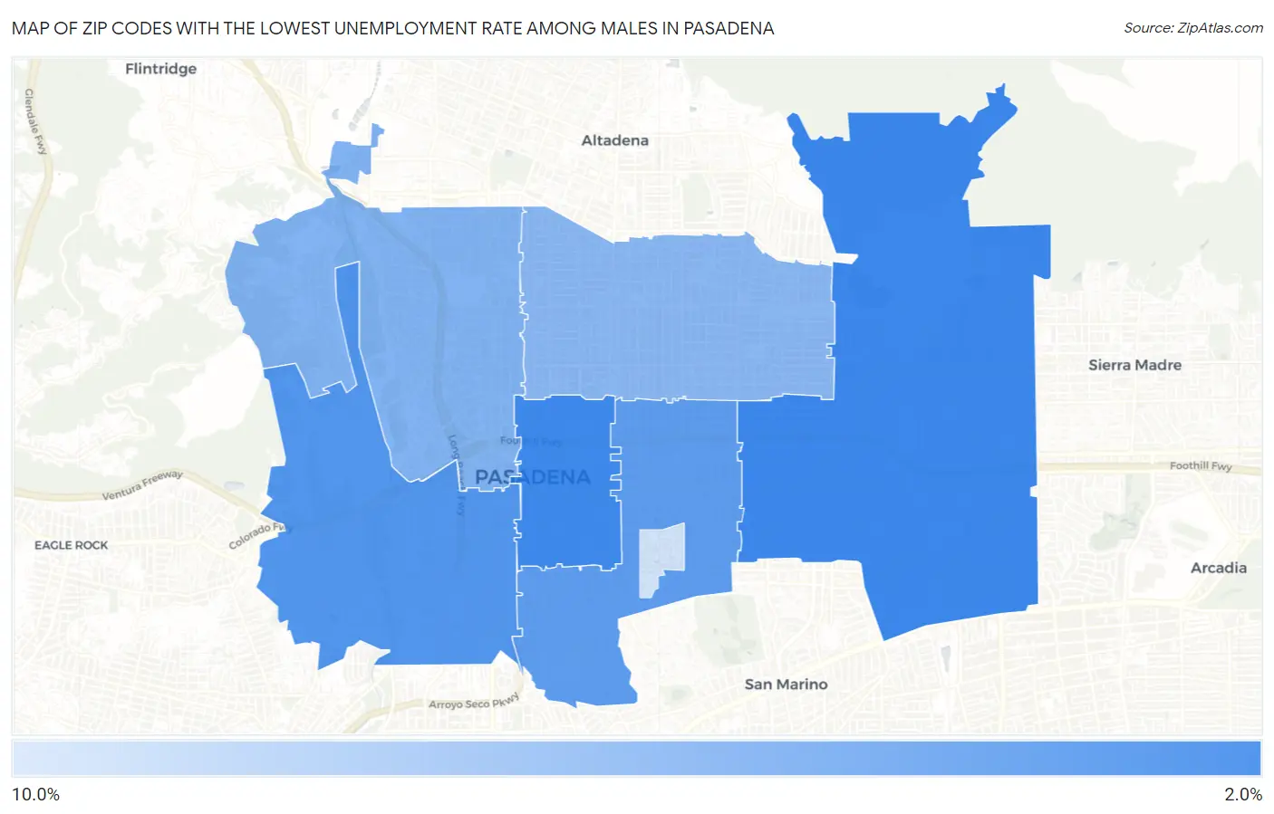 Zip Codes with the Lowest Unemployment Rate Among Males in Pasadena Map