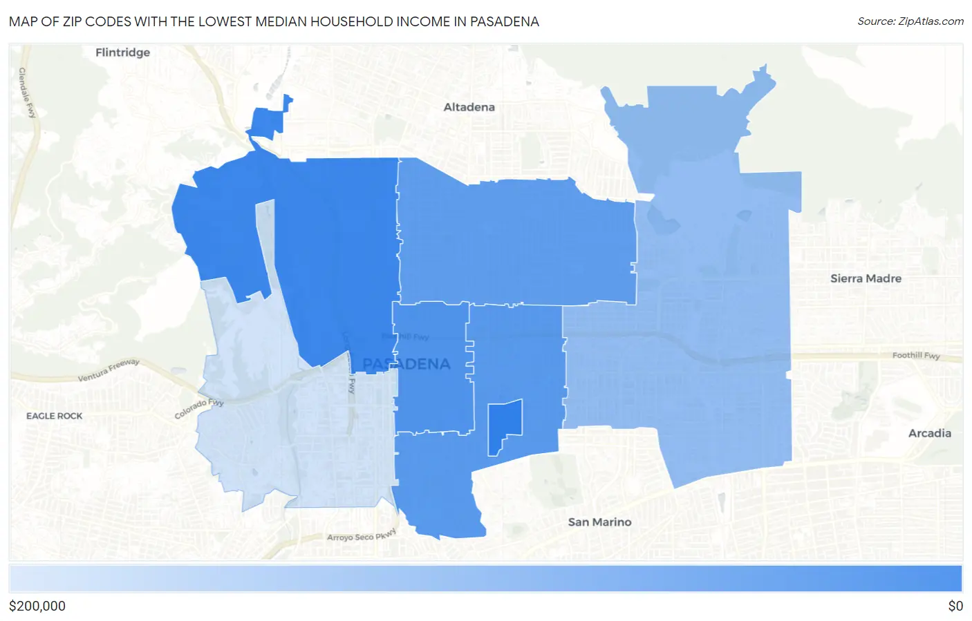 Zip Codes with the Lowest Median Household Income in Pasadena Map