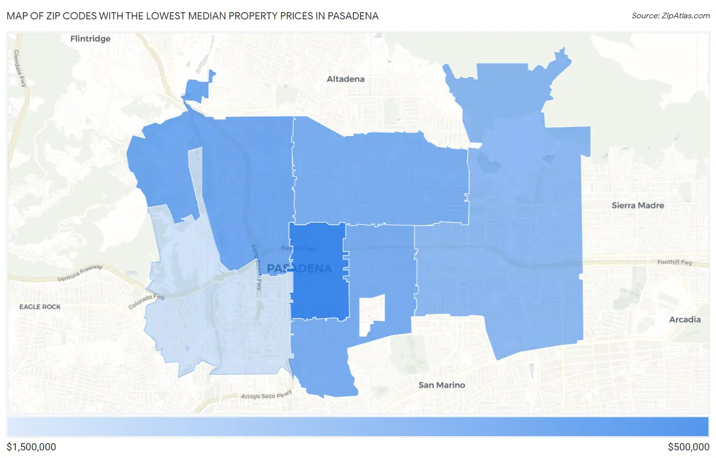 Zip Codes with the Lowest Median Property Prices in Pasadena Map