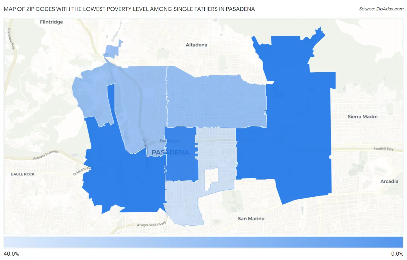 Zip Codes with the Lowest Poverty Level Among Single Fathers in Pasadena Map