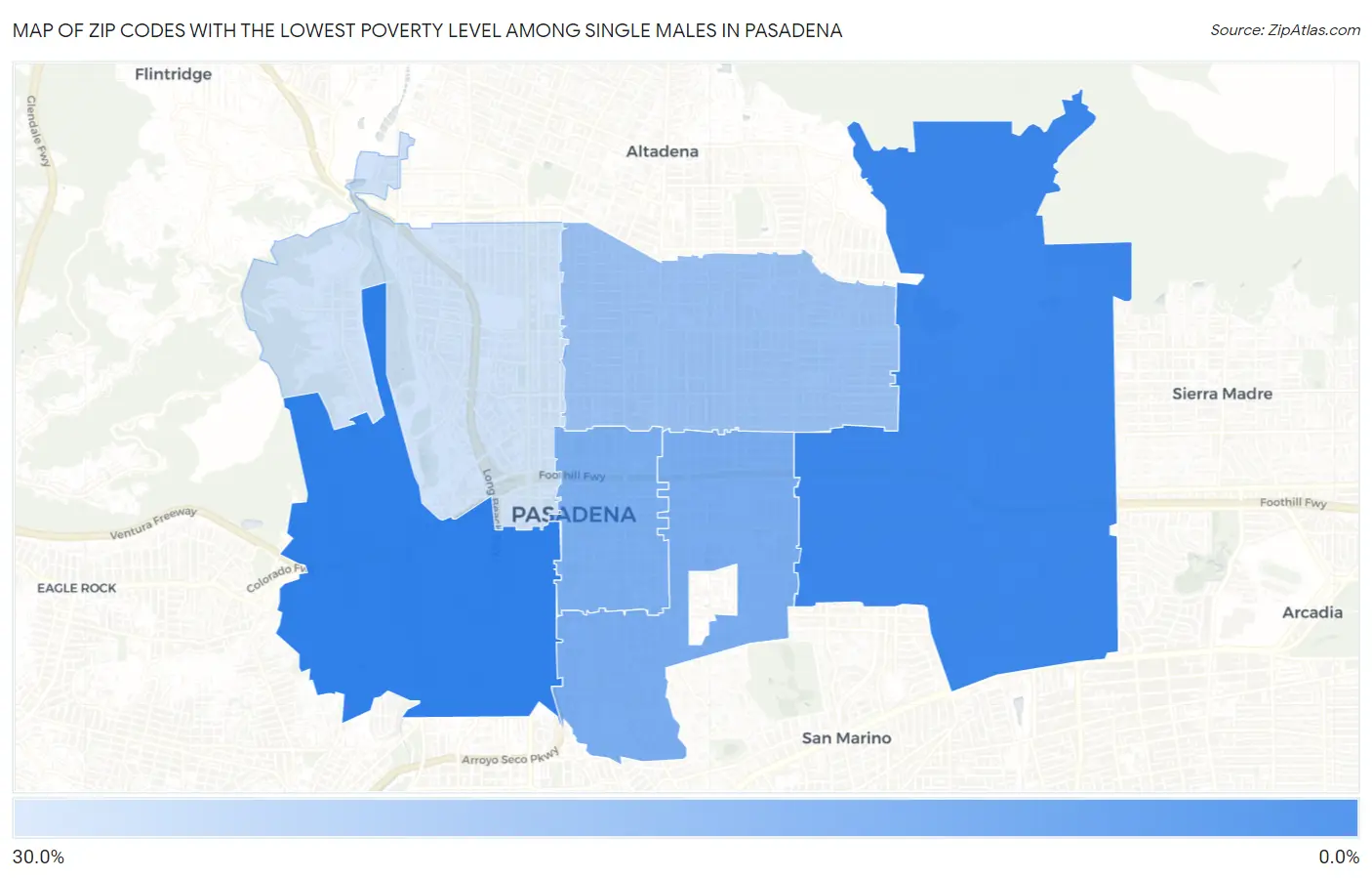 Zip Codes with the Lowest Poverty Level Among Single Males in Pasadena Map
