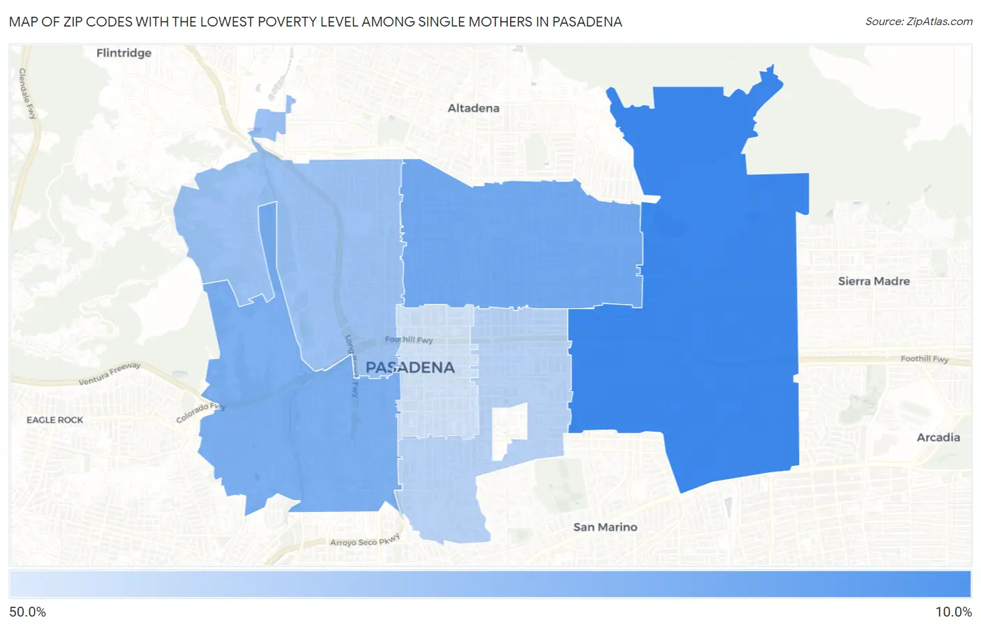 Zip Codes with the Lowest Poverty Level Among Single Mothers in Pasadena Map