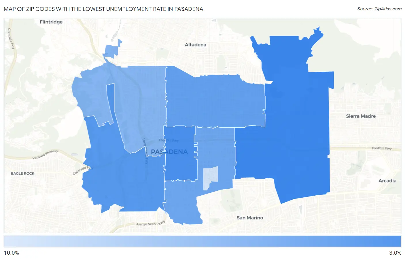 Zip Codes with the Lowest Unemployment Rate in Pasadena Map