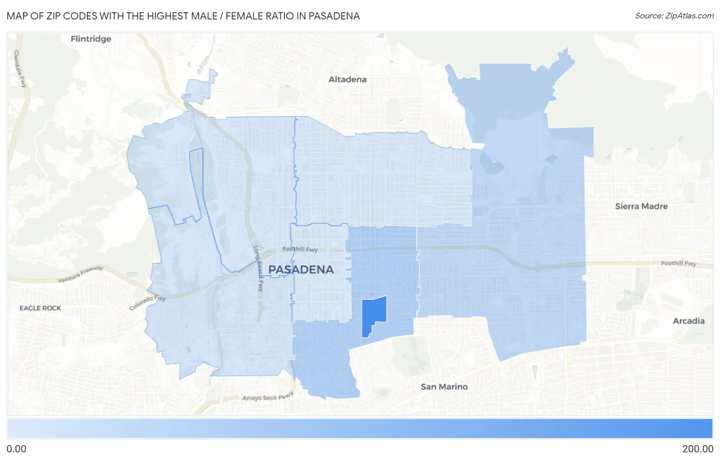 Zip Codes with the Highest Male / Female Ratio in Pasadena Map