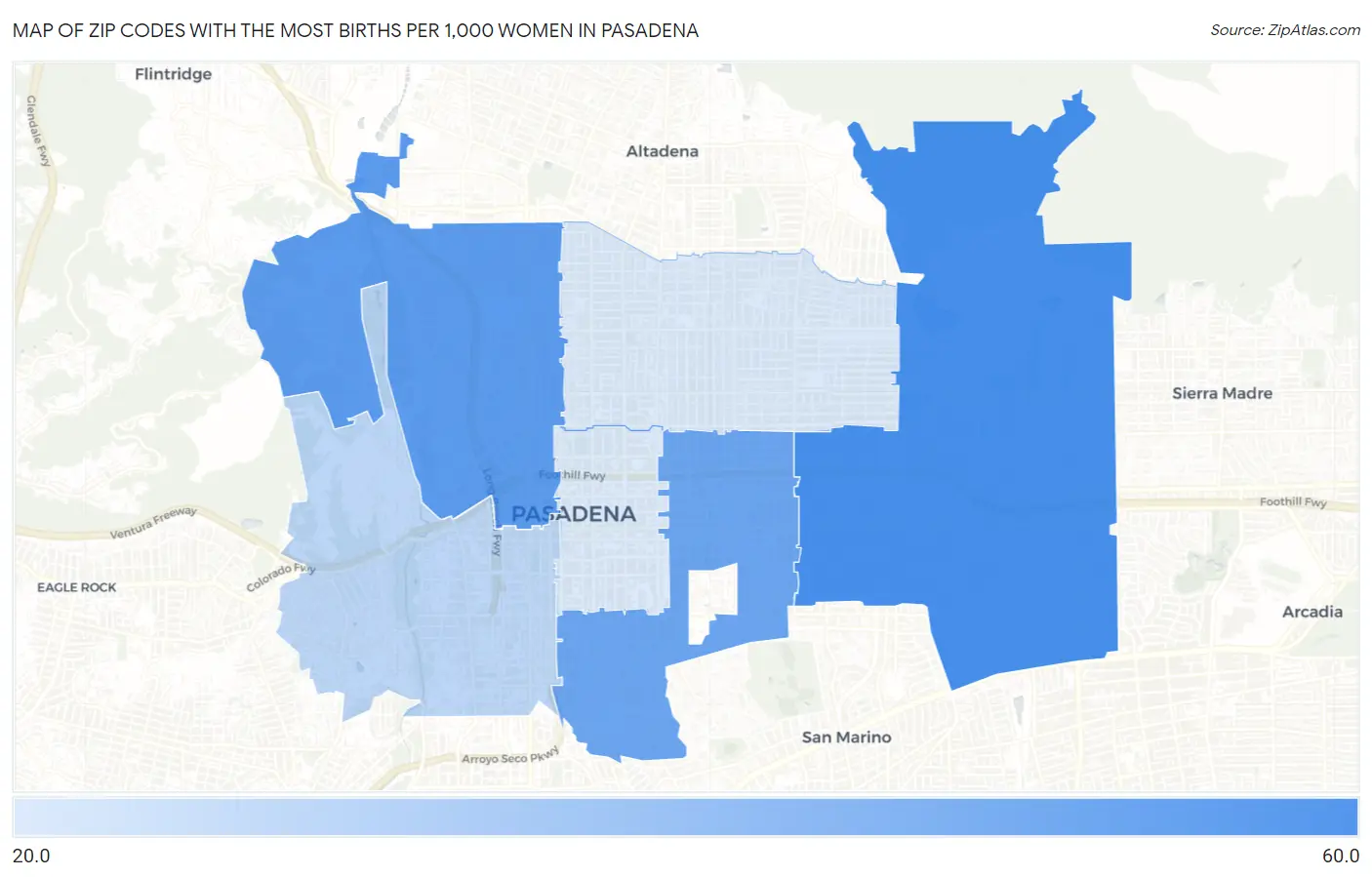 Zip Codes with the Most Births per 1,000 Women in Pasadena Map