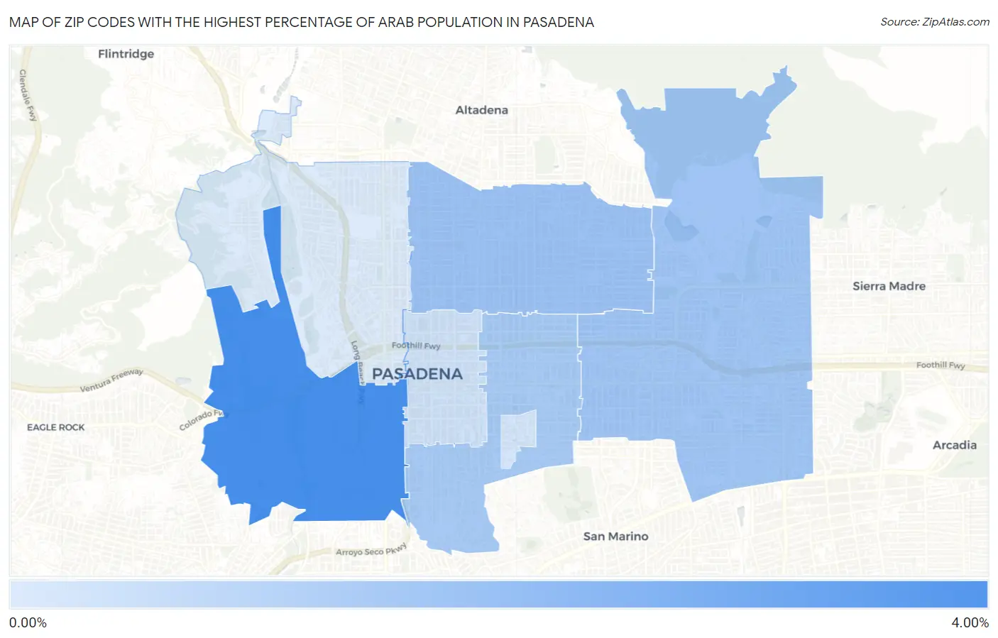 Zip Codes with the Highest Percentage of Arab Population in Pasadena Map