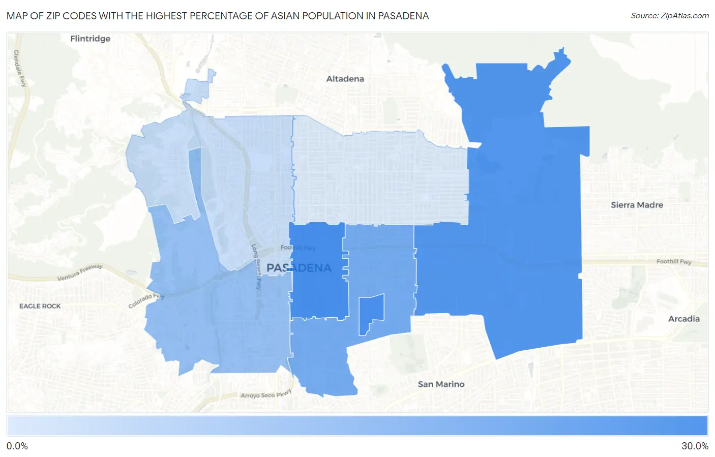 Zip Codes with the Highest Percentage of Asian Population in Pasadena Map