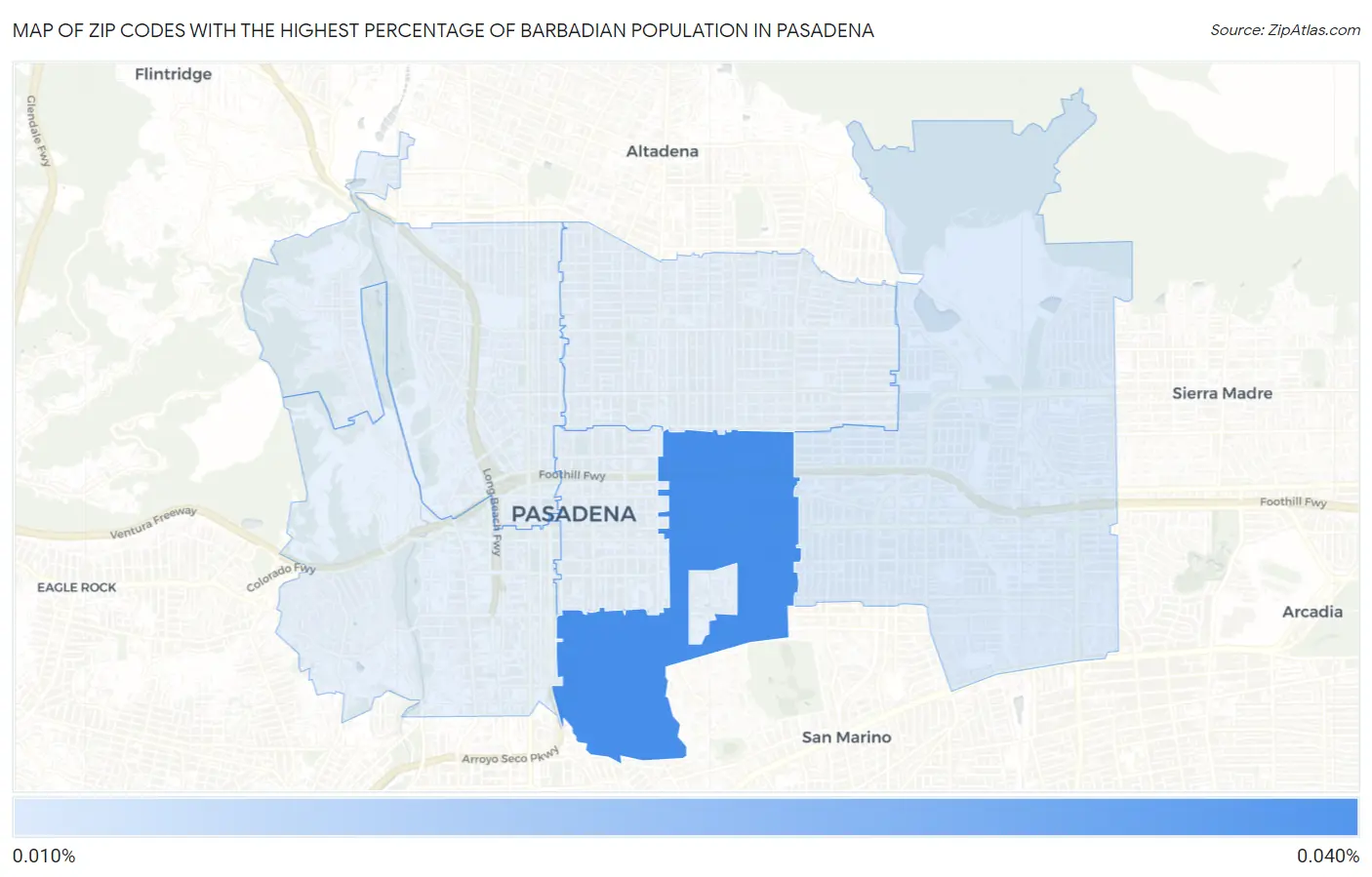 Zip Codes with the Highest Percentage of Barbadian Population in Pasadena Map