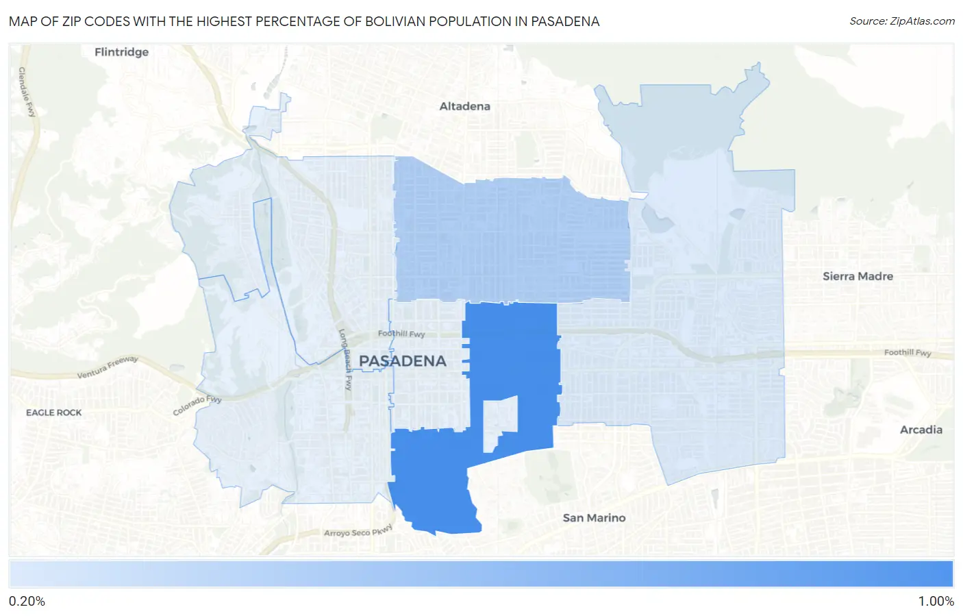Zip Codes with the Highest Percentage of Bolivian Population in Pasadena Map