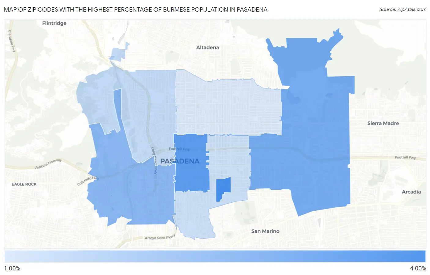 Zip Codes with the Highest Percentage of Burmese Population in Pasadena Map