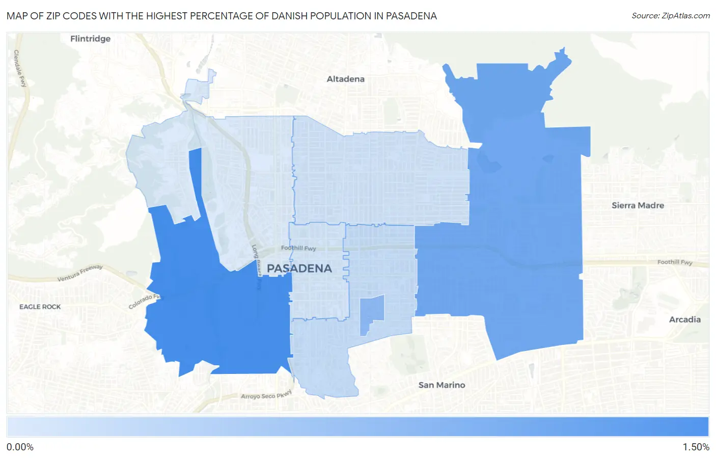 Zip Codes with the Highest Percentage of Danish Population in Pasadena Map