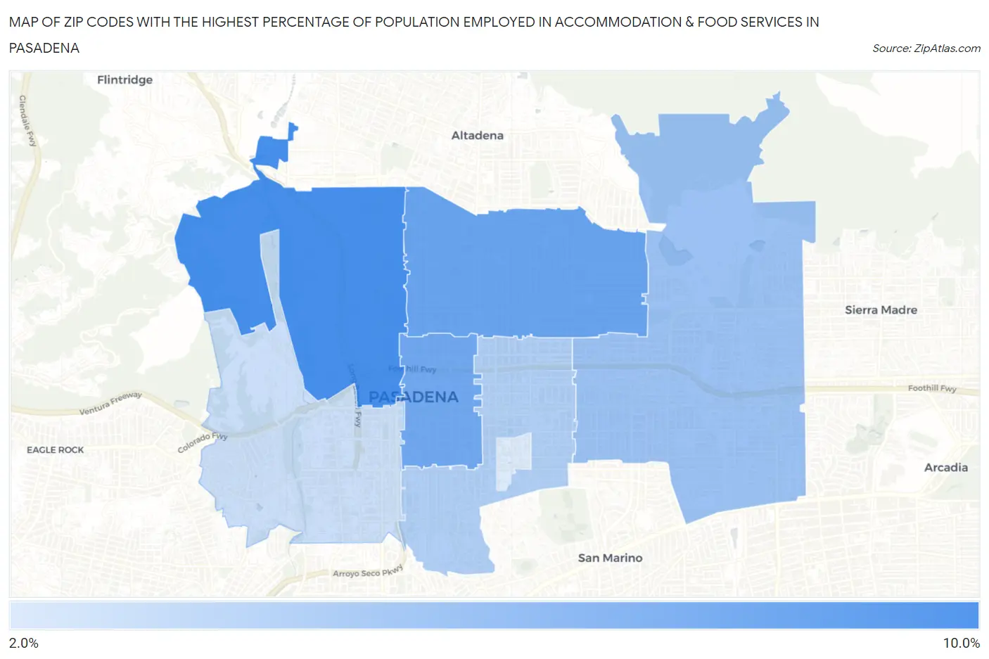 Zip Codes with the Highest Percentage of Population Employed in Accommodation & Food Services in Pasadena Map