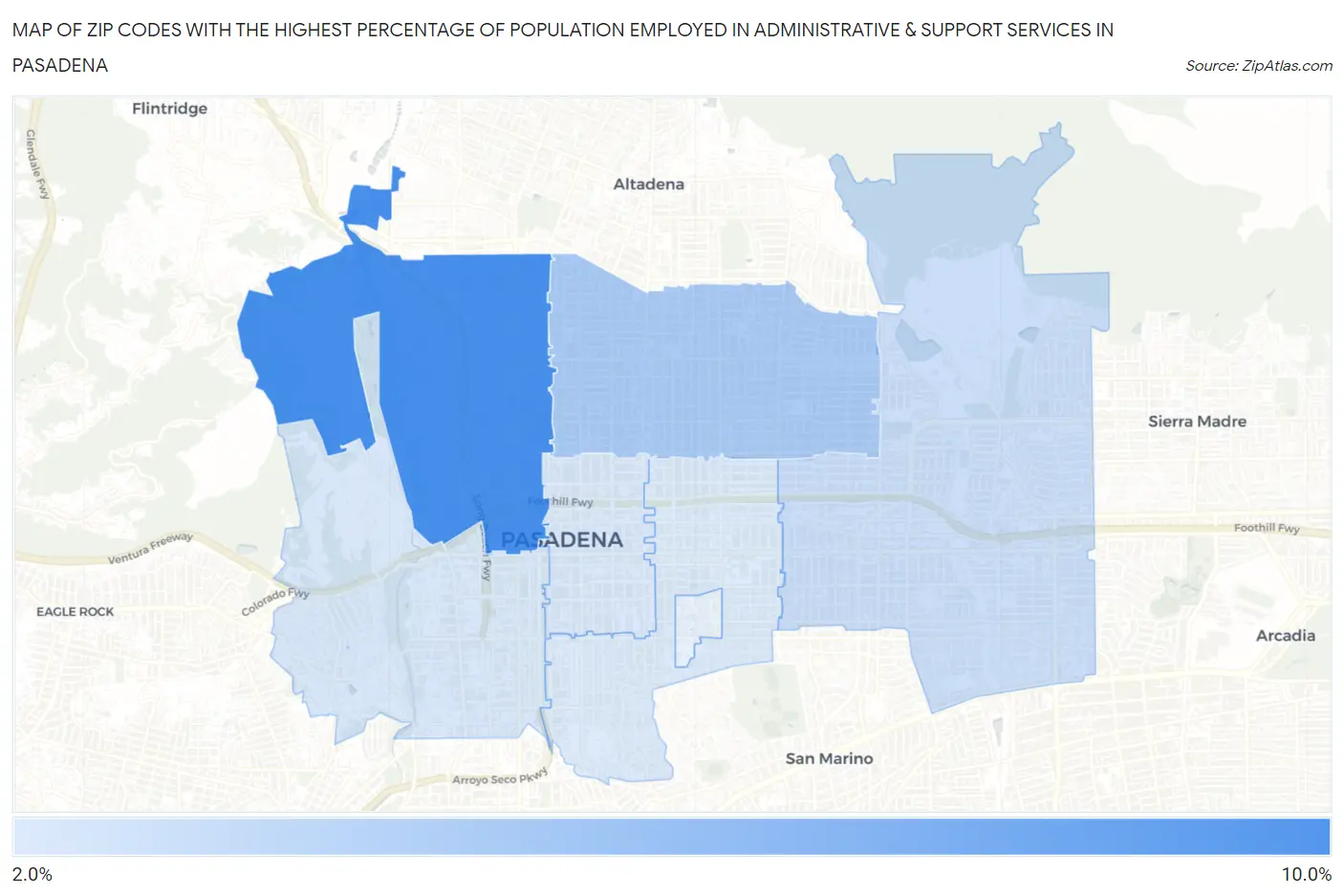 Zip Codes with the Highest Percentage of Population Employed in Administrative & Support Services in Pasadena Map
