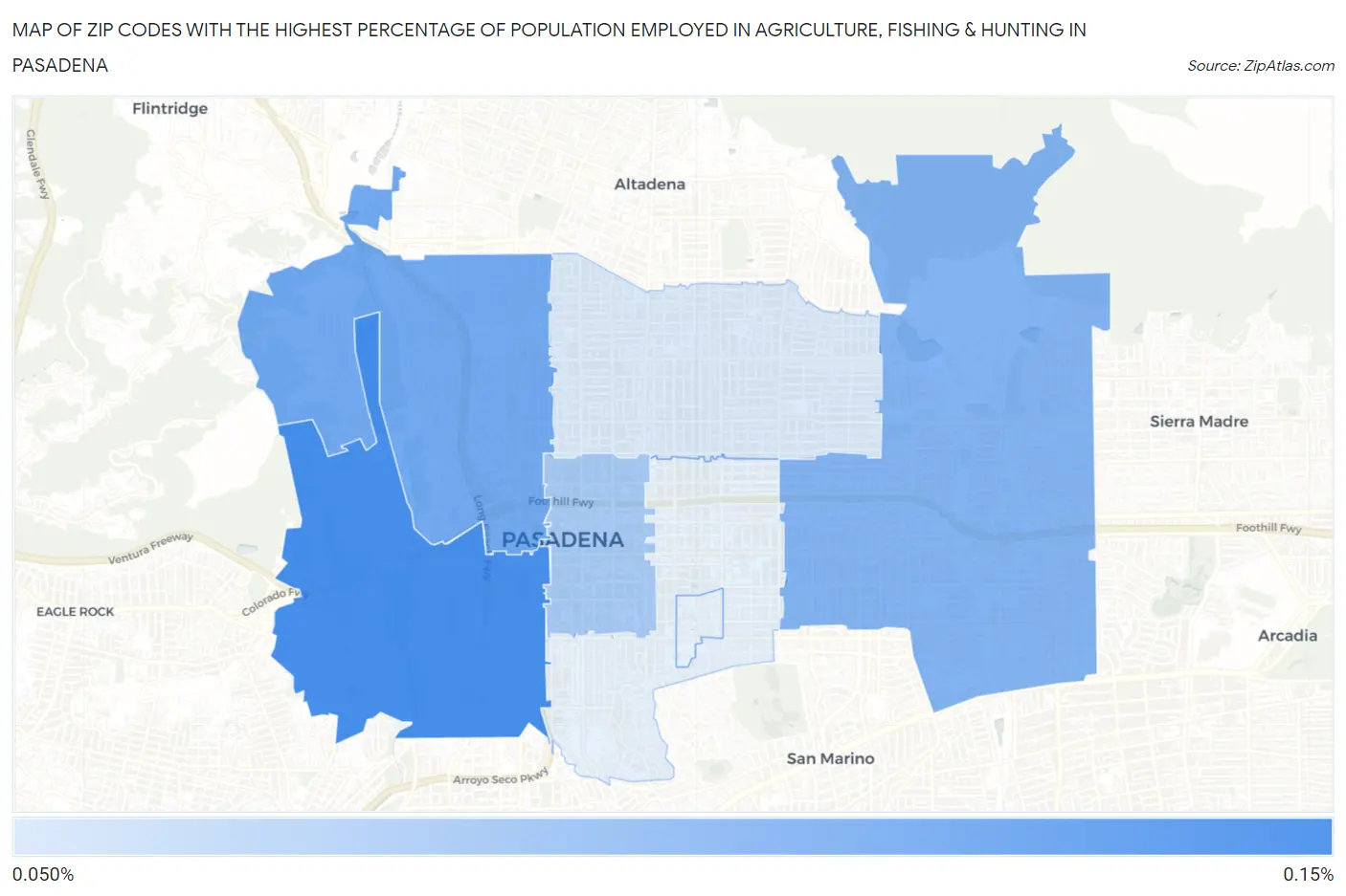 Zip Codes with the Highest Percentage of Population Employed in Agriculture, Fishing & Hunting in Pasadena Map