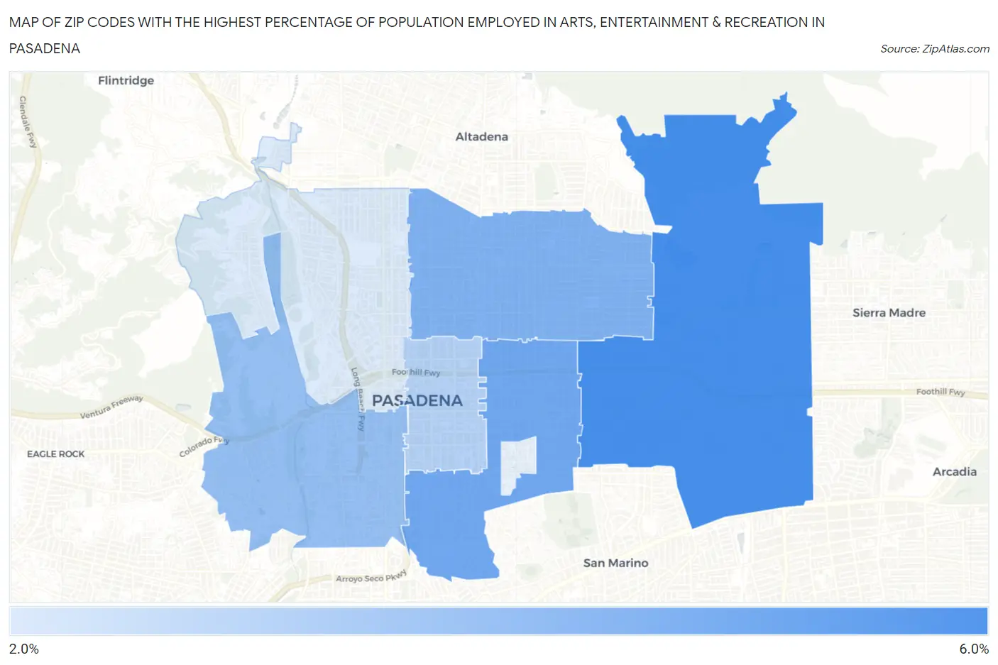 Zip Codes with the Highest Percentage of Population Employed in Arts, Entertainment & Recreation in Pasadena Map