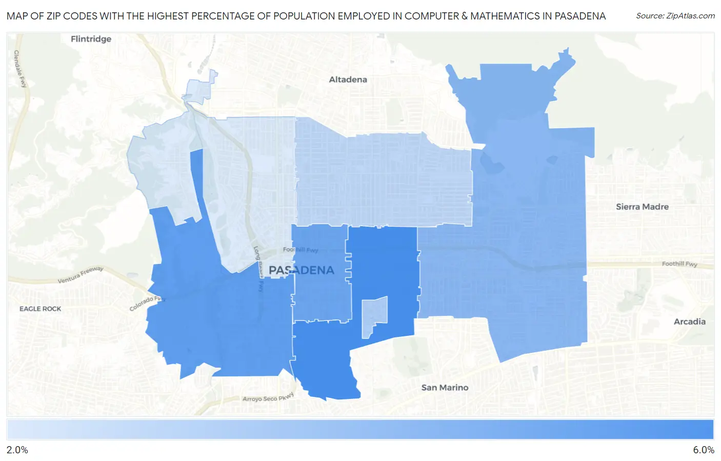 Zip Codes with the Highest Percentage of Population Employed in Computer & Mathematics in Pasadena Map