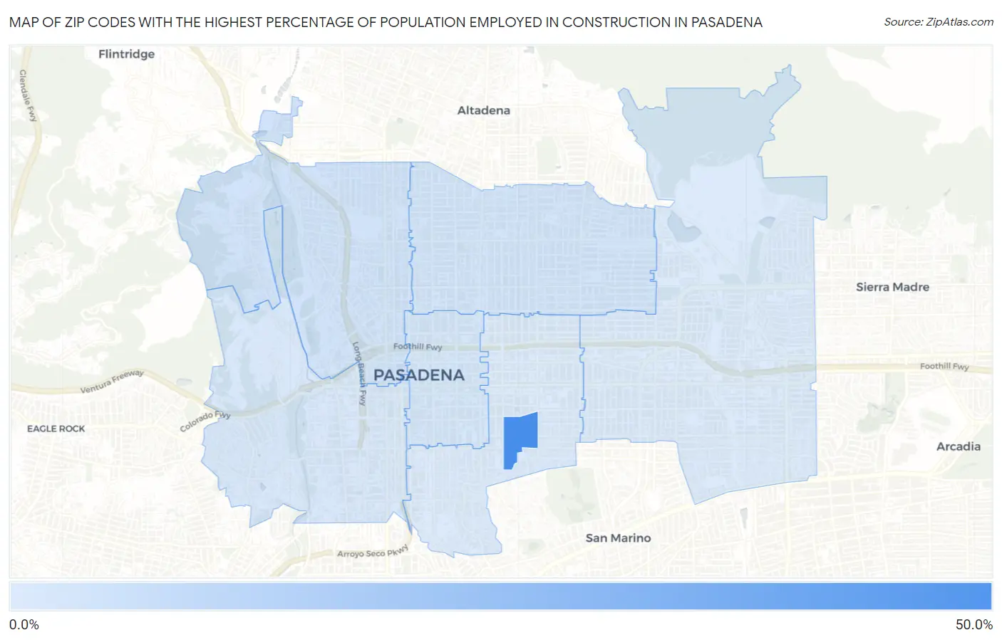 Zip Codes with the Highest Percentage of Population Employed in Construction in Pasadena Map