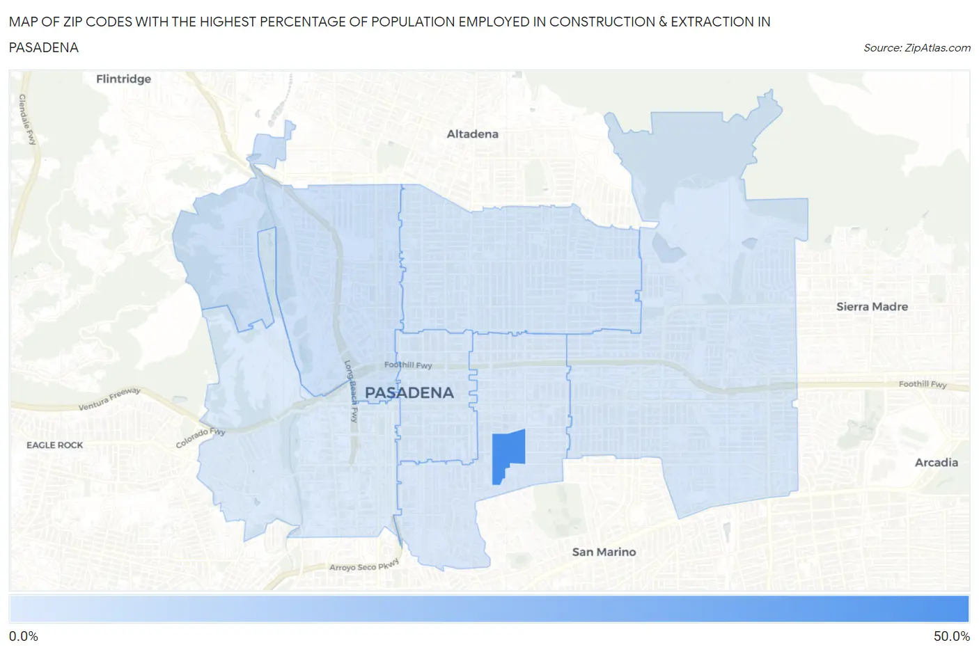 Zip Codes with the Highest Percentage of Population Employed in Construction & Extraction in Pasadena Map