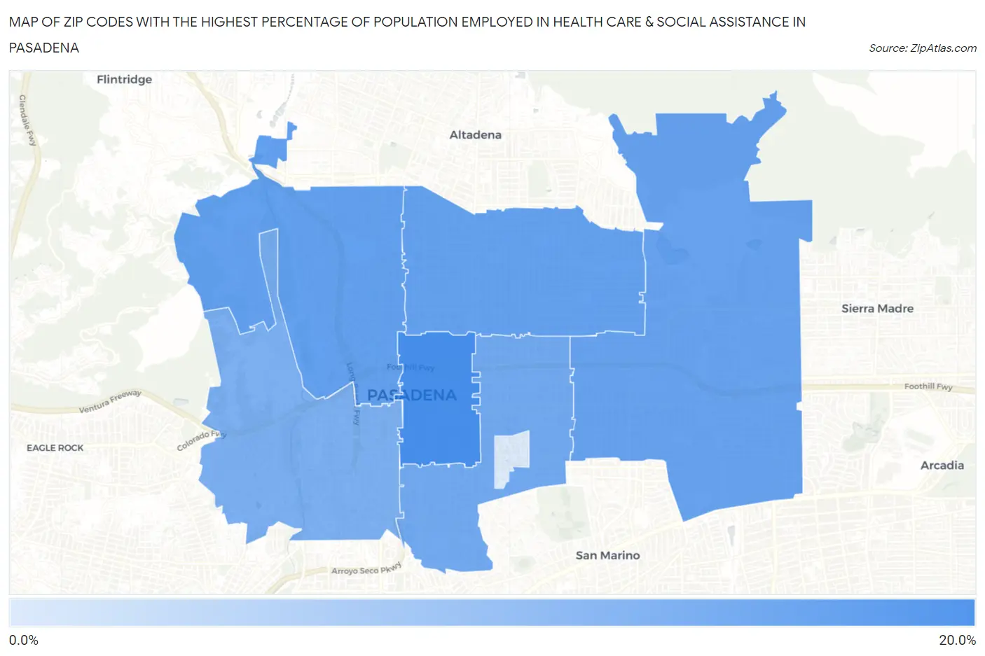 Zip Codes with the Highest Percentage of Population Employed in Health Care & Social Assistance in Pasadena Map