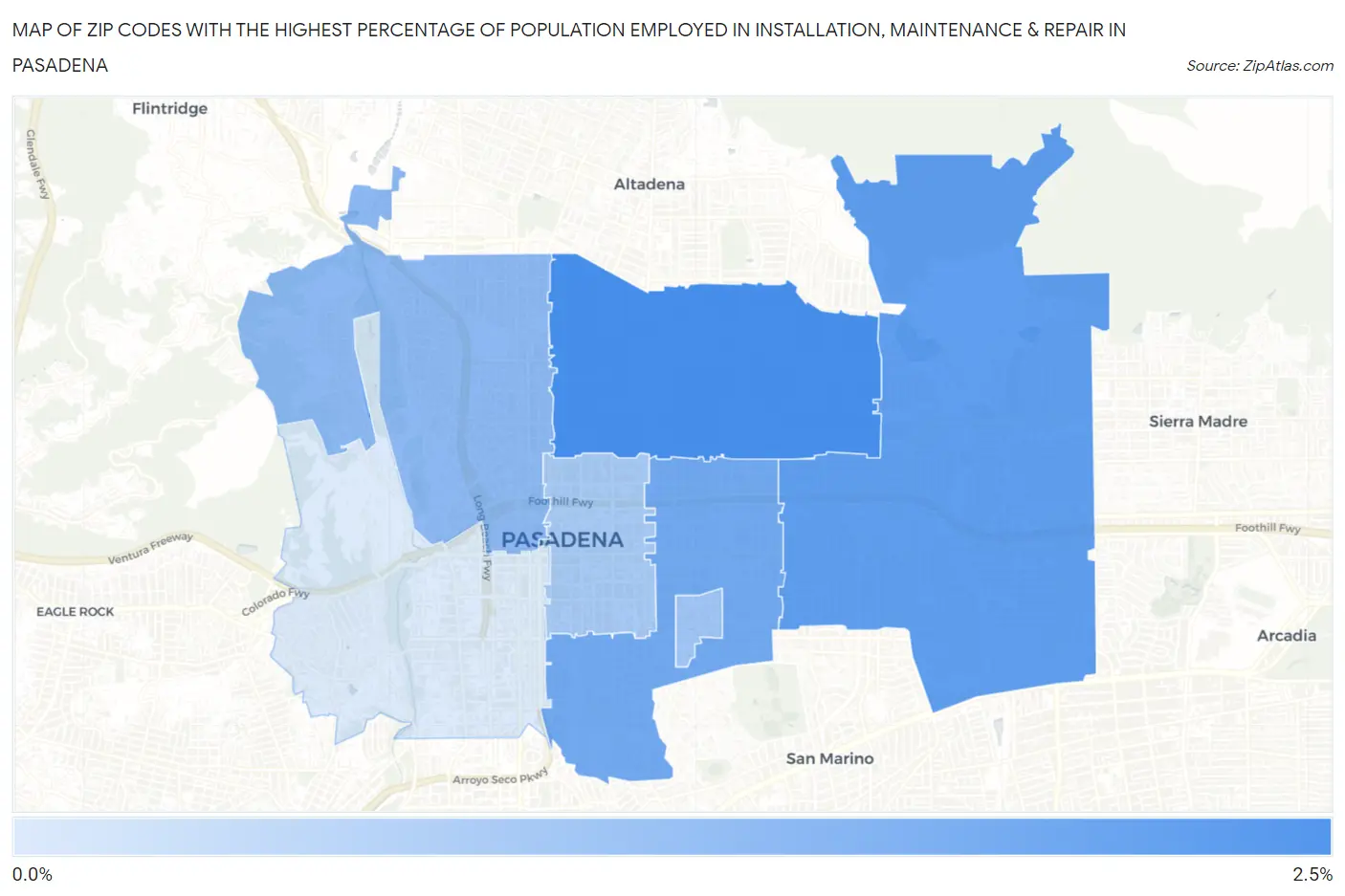 Zip Codes with the Highest Percentage of Population Employed in Installation, Maintenance & Repair in Pasadena Map