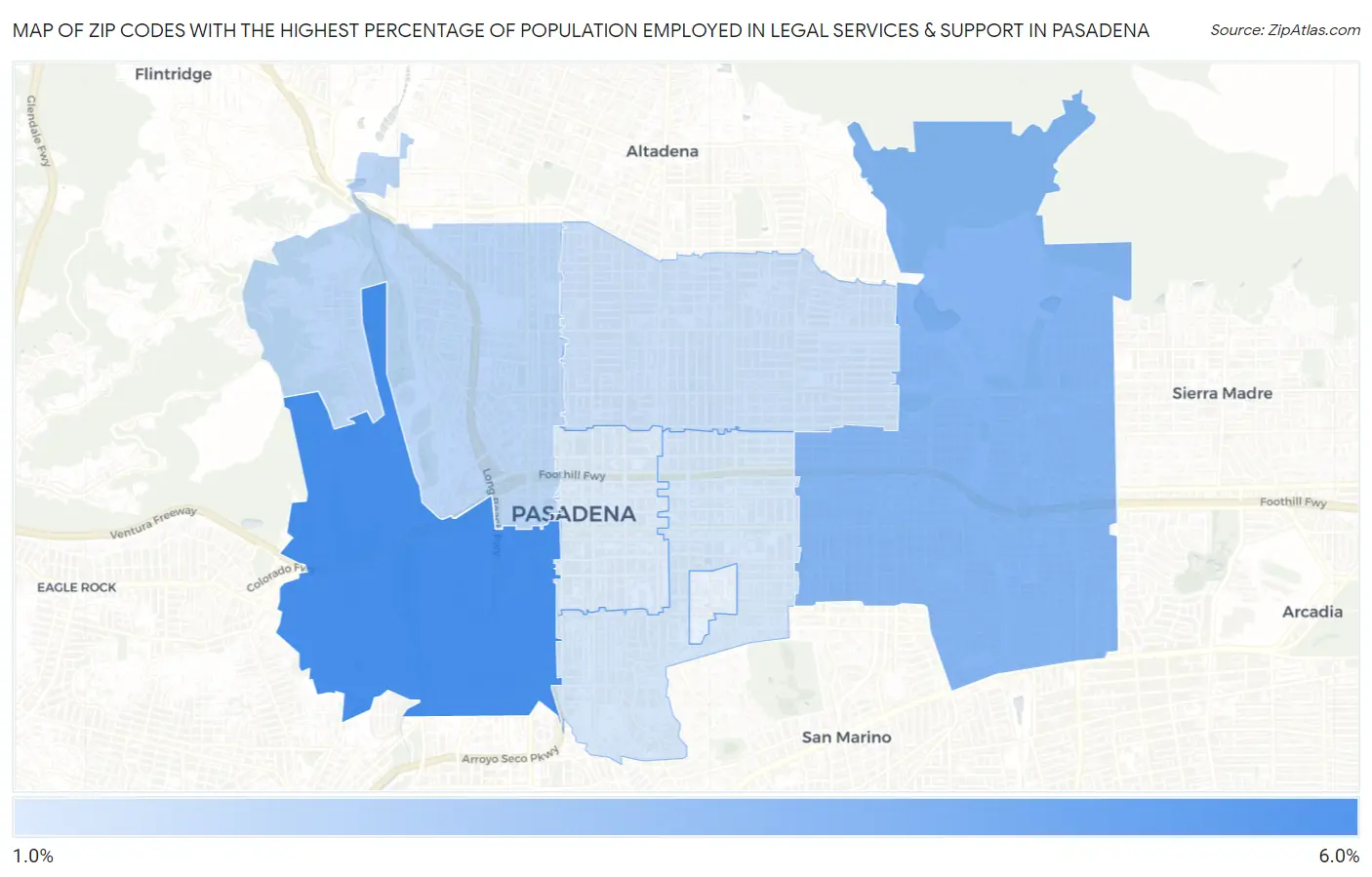 Zip Codes with the Highest Percentage of Population Employed in Legal Services & Support in Pasadena Map