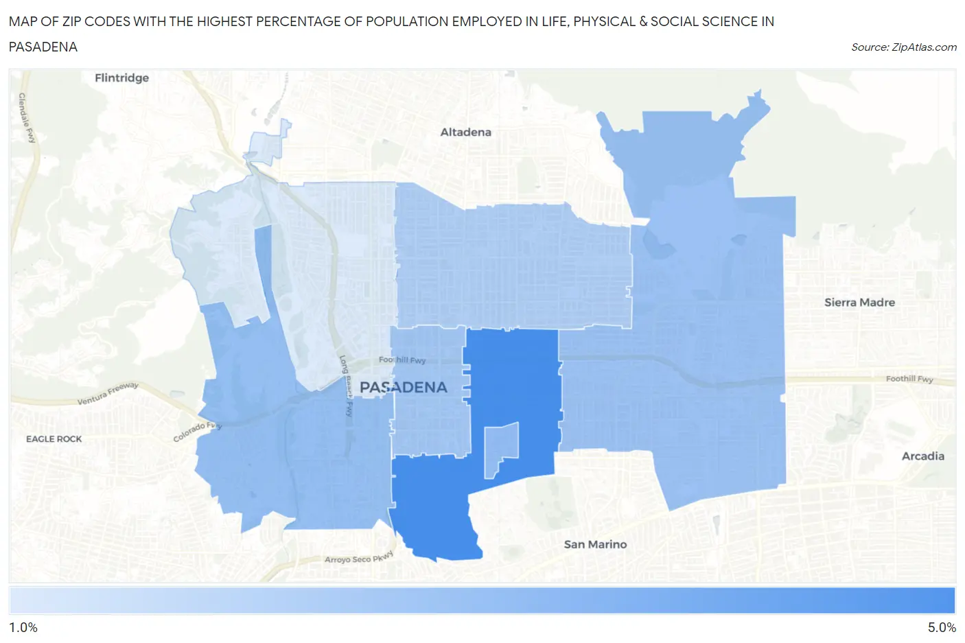 Zip Codes with the Highest Percentage of Population Employed in Life, Physical & Social Science in Pasadena Map