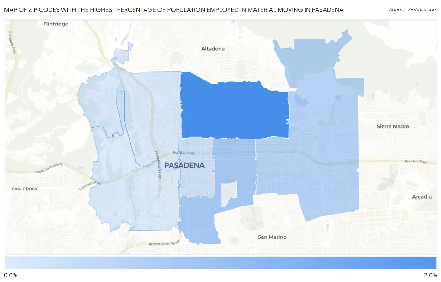 Zip Codes with the Highest Percentage of Population Employed in Material Moving in Pasadena Map
