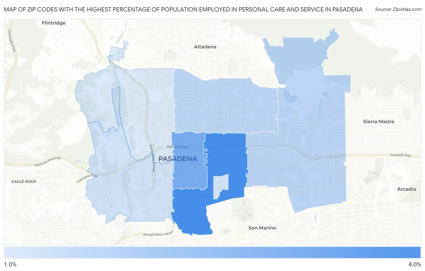 Zip Codes with the Highest Percentage of Population Employed in Personal Care and Service in Pasadena Map