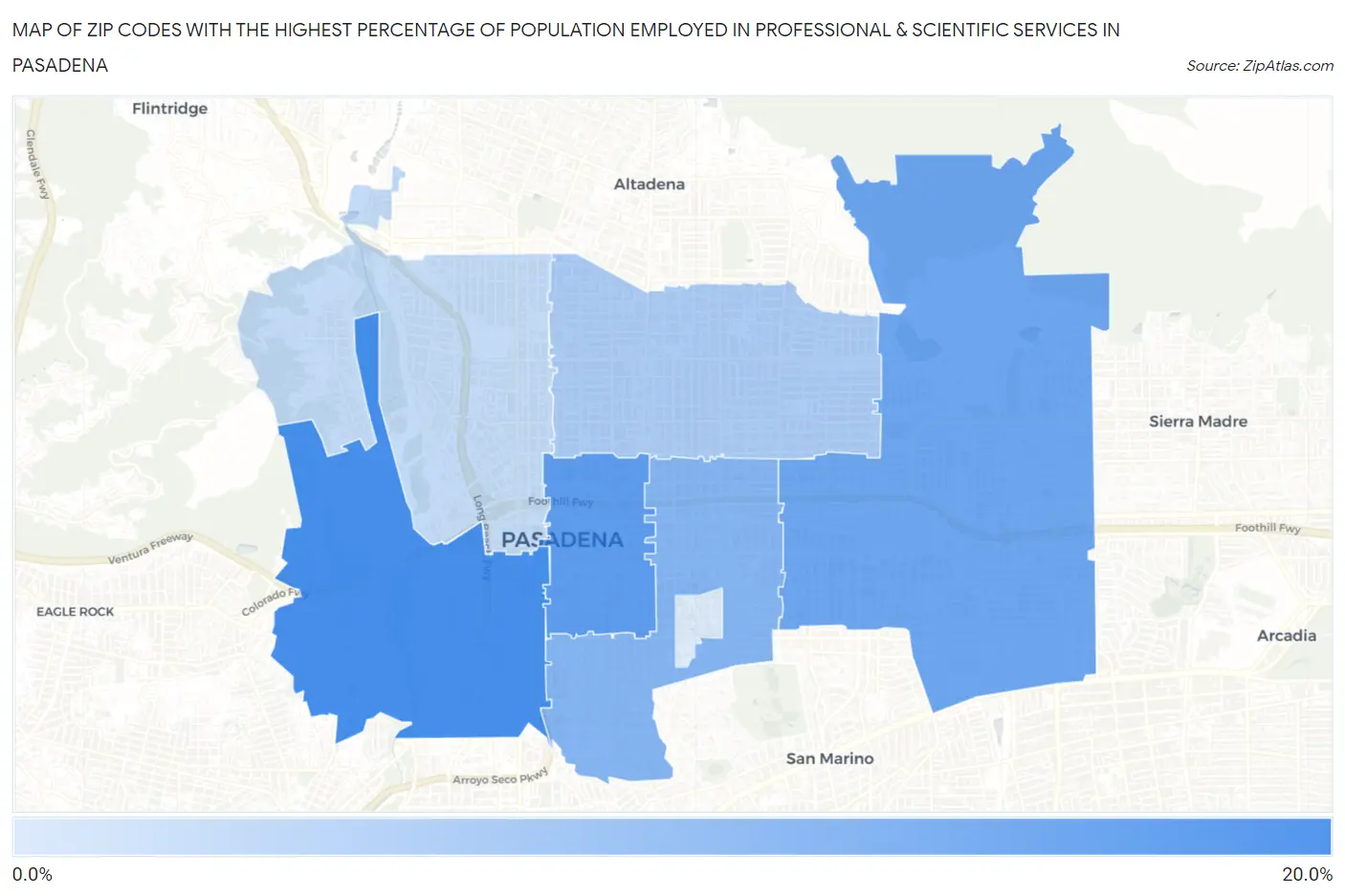 Zip Codes with the Highest Percentage of Population Employed in Professional & Scientific Services in Pasadena Map