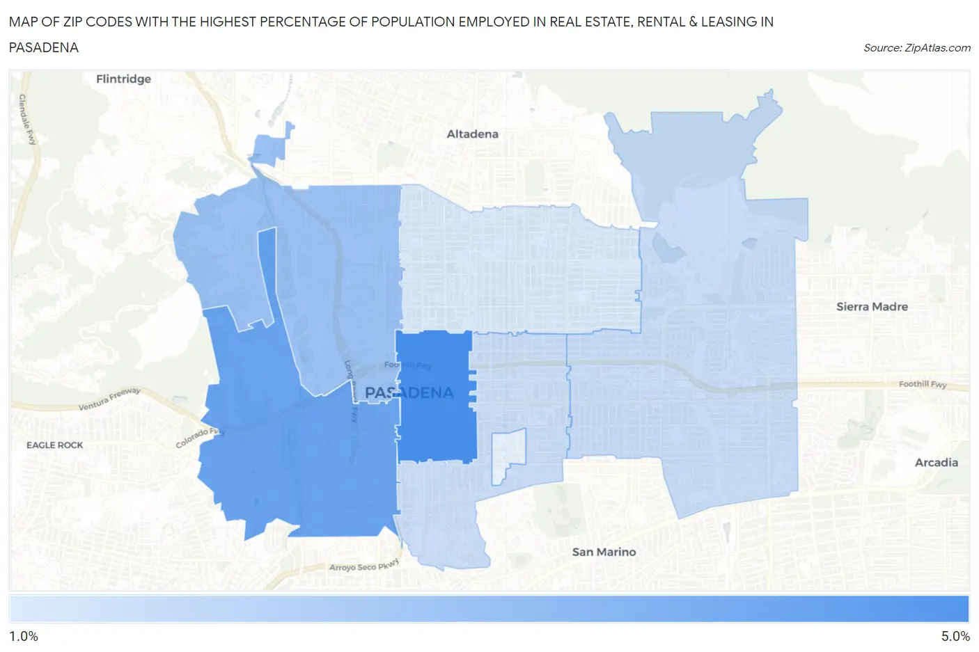 Zip Codes with the Highest Percentage of Population Employed in Real Estate, Rental & Leasing in Pasadena Map