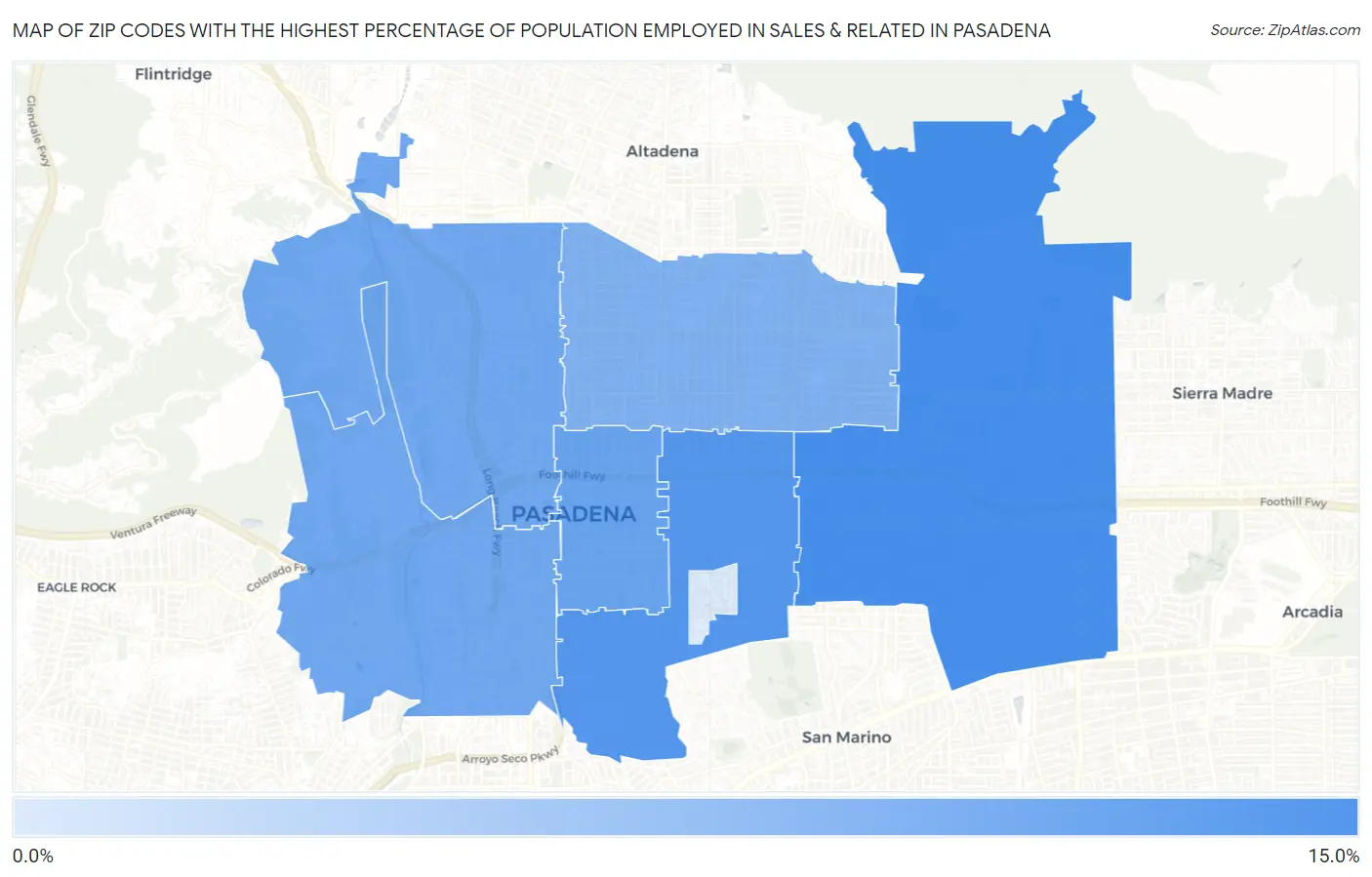 Zip Codes with the Highest Percentage of Population Employed in Sales & Related in Pasadena Map