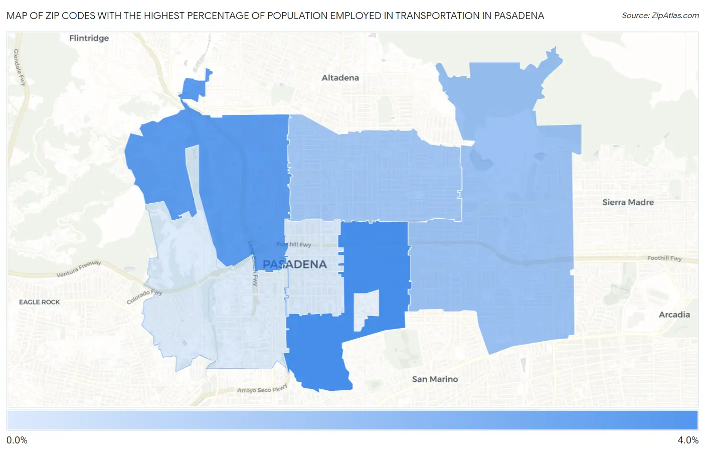 Zip Codes with the Highest Percentage of Population Employed in Transportation in Pasadena Map