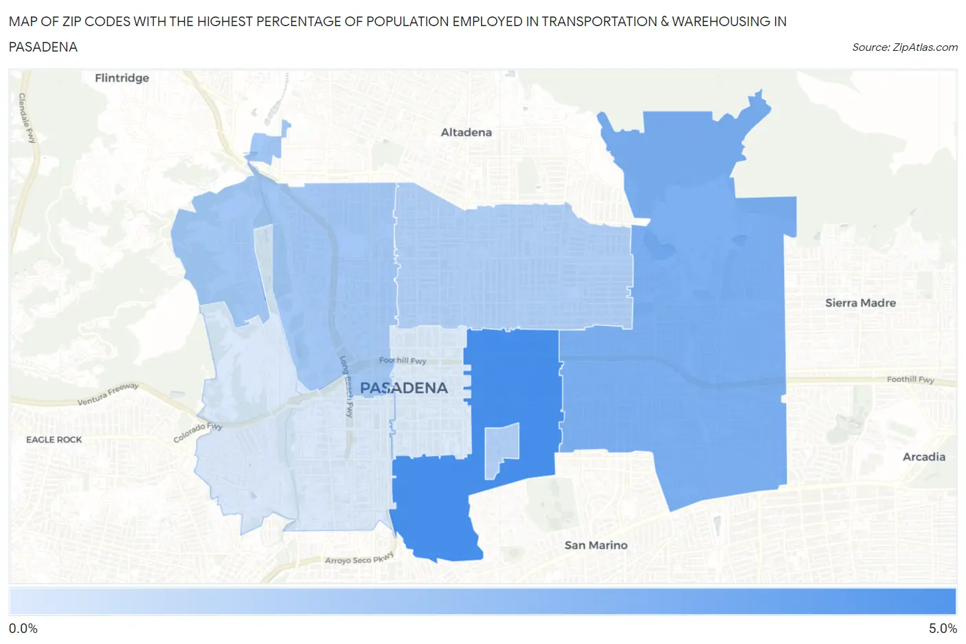 Zip Codes with the Highest Percentage of Population Employed in Transportation & Warehousing in Pasadena Map