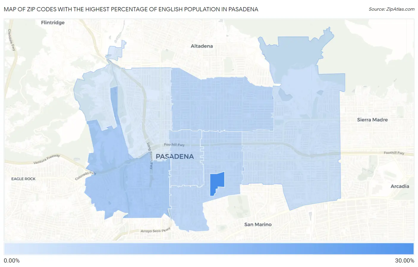Zip Codes with the Highest Percentage of English Population in Pasadena Map