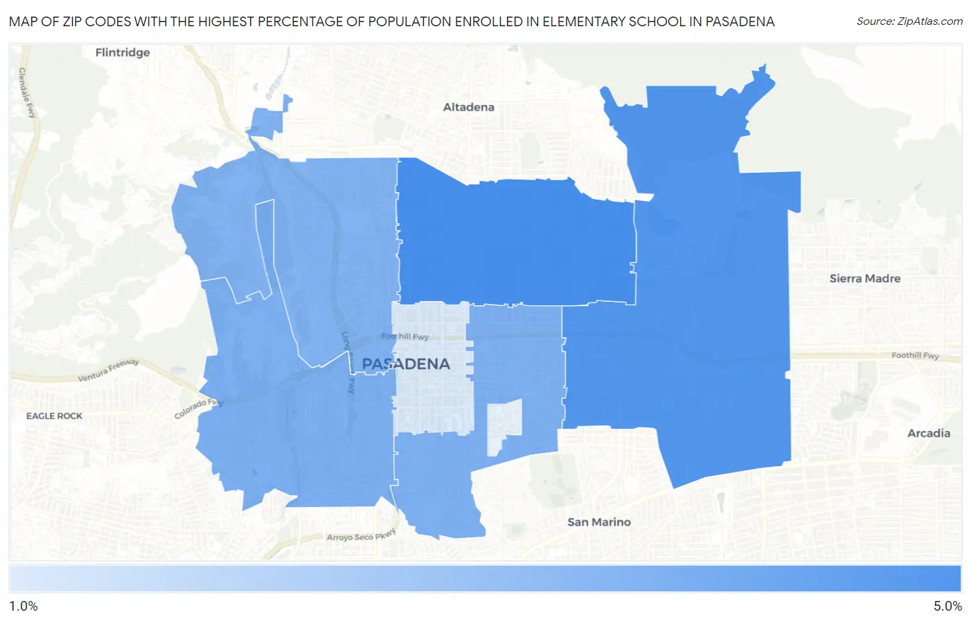 Zip Codes with the Highest Percentage of Population Enrolled in Elementary School in Pasadena Map