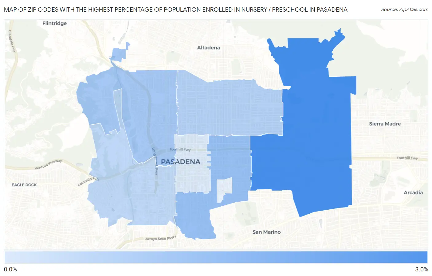 Zip Codes with the Highest Percentage of Population Enrolled in Nursery / Preschool in Pasadena Map