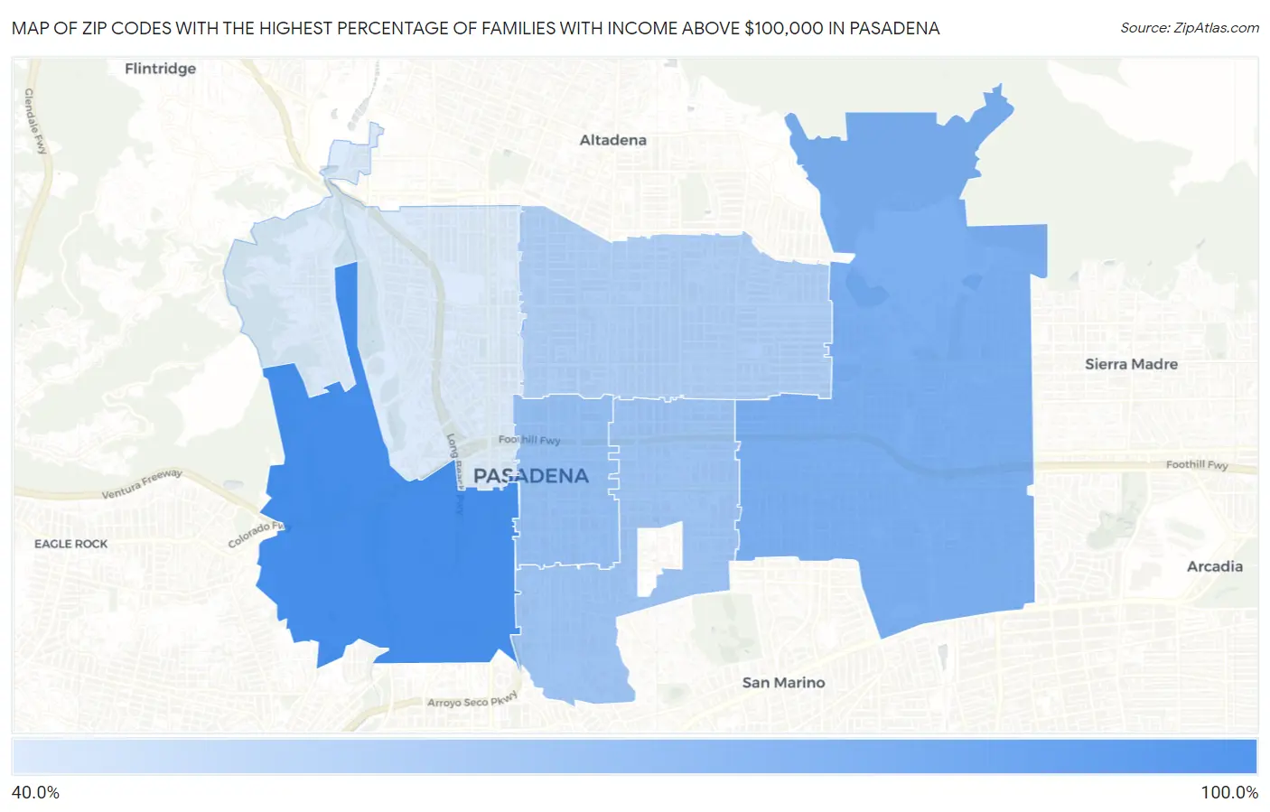 Zip Codes with the Highest Percentage of Families with Income Above $100,000 in Pasadena Map