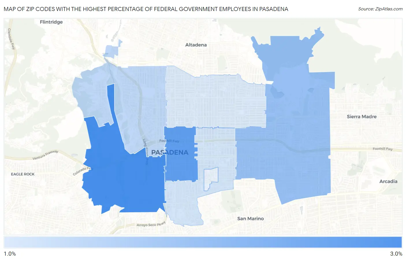 Zip Codes with the Highest Percentage of Federal Government Employees in Pasadena Map