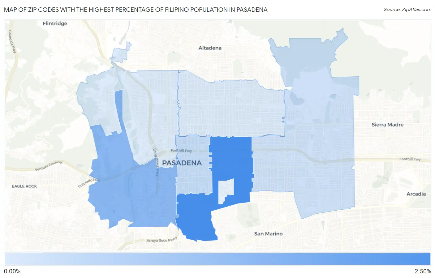 Zip Codes with the Highest Percentage of Filipino Population in Pasadena Map
